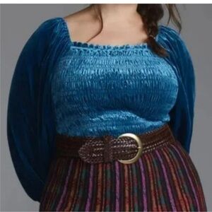 NWOT Anthropologie Blue Velvet Puff Sleeve Blouse - size 2X